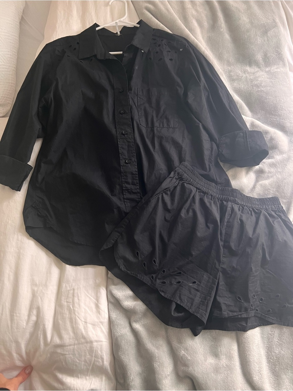 Black Women's 100% Cotton Button-Up Shirt and Shorts eyelid cutout Set